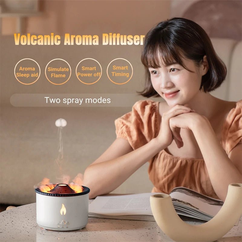 Desktop Air Humidifier Electric Aroma Essential Oil Diffuser with Flame Lamp Volcano Eruption Fragrance Machine for Home Office